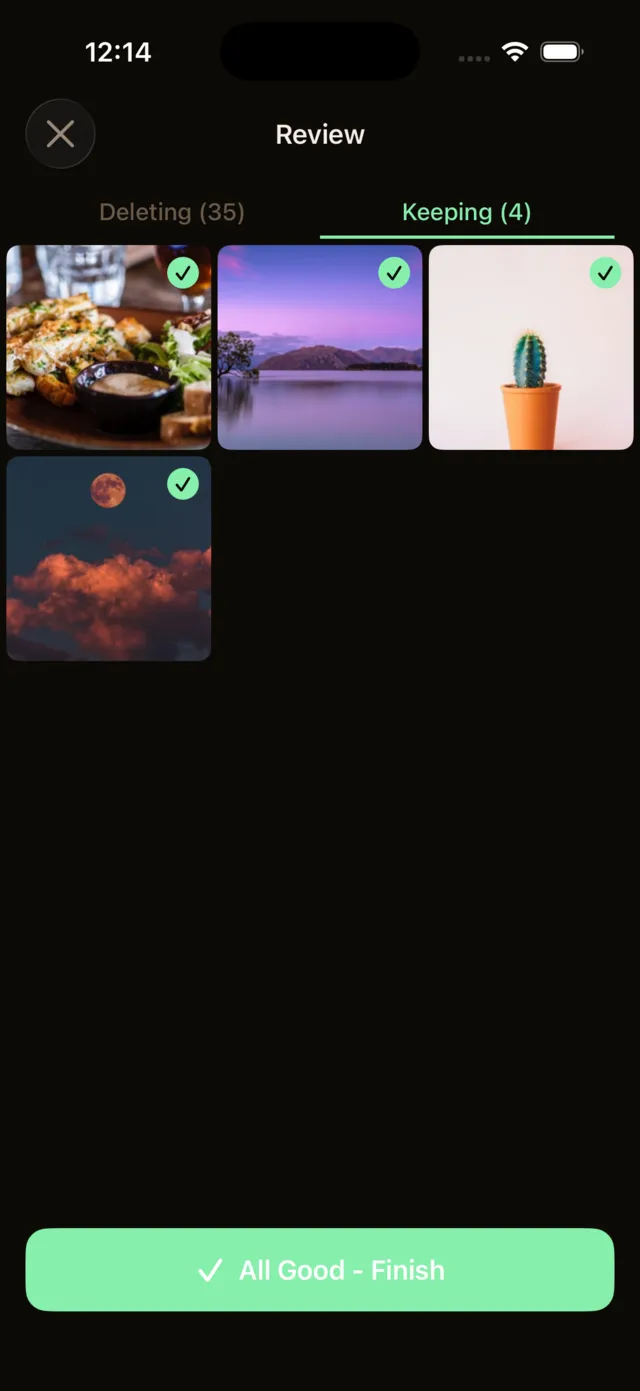 Review screen showing kept photos